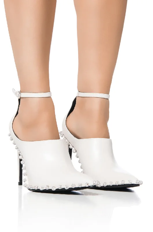 AZALEA WANG FOSSA WHITE EMBELLISHED STRAP PUMP---Chic Embellished Pumps for a Glamorous Look