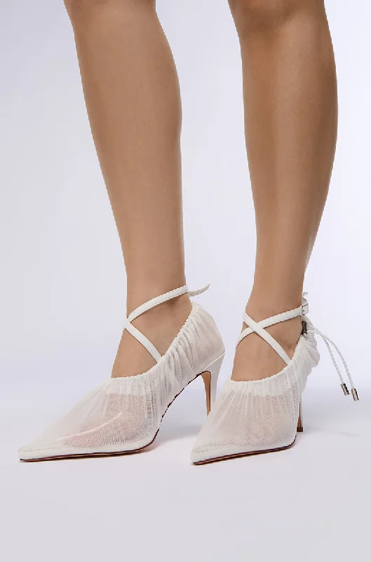 Versatile Dress Heels for Formal and Casual Wear---AZALEA WANG JUBILANCE WHITE MESH CINCH PUMP