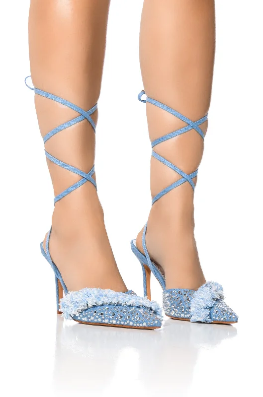 AZALEA WANG RAINI STRAPPY EMBELLISHED PUMP IN DENIM---Affordable Strappy Platform Heels with Premium Quality