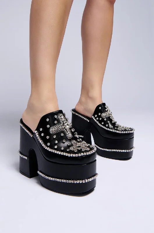 AZALEA WANG VASSY BLACK CHUNKY EMBELLISHED PLATFORM MULE---Chic Embellished Pumps for a Glamorous Look