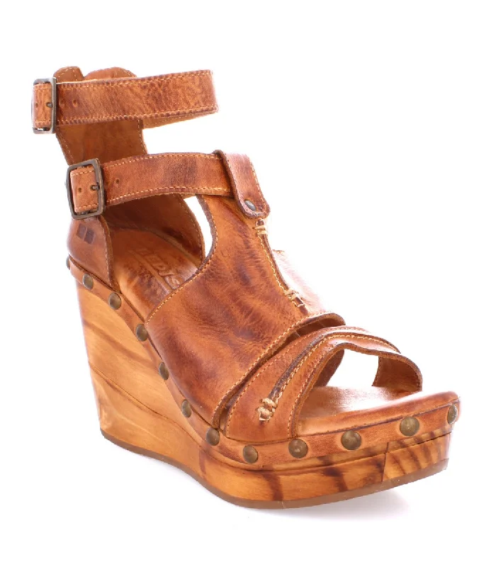 Bedstu Women's 'Princess' Pecan Leather Wooden Wedge Heels---Comfortable Leather Pumps for Office and Everyday Wear