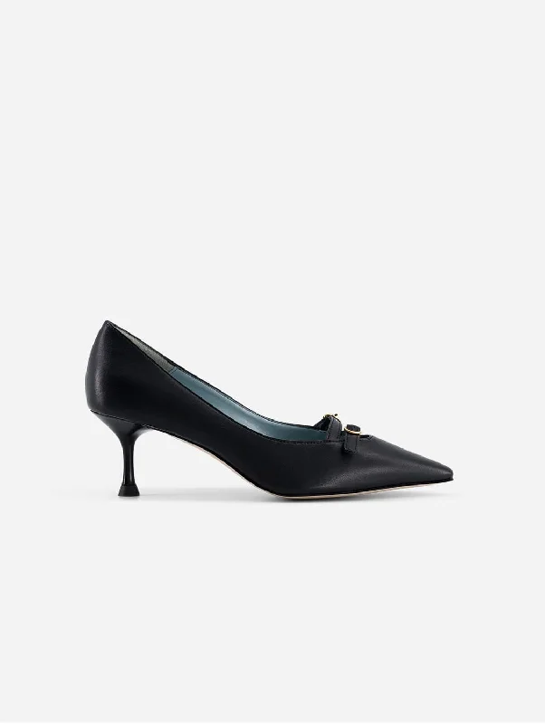 Beryl Apple Leather Small Heel Pumps | Black---Comfortable Leather Pumps for Office and Everyday Wear