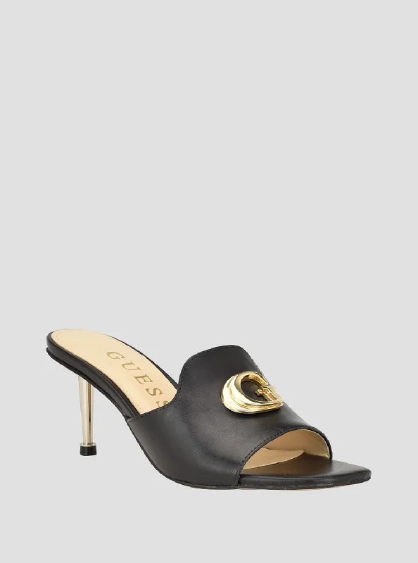 Versatile Heeled Sandals for Any Occasion---Black Gold G Logo Snapps Heel