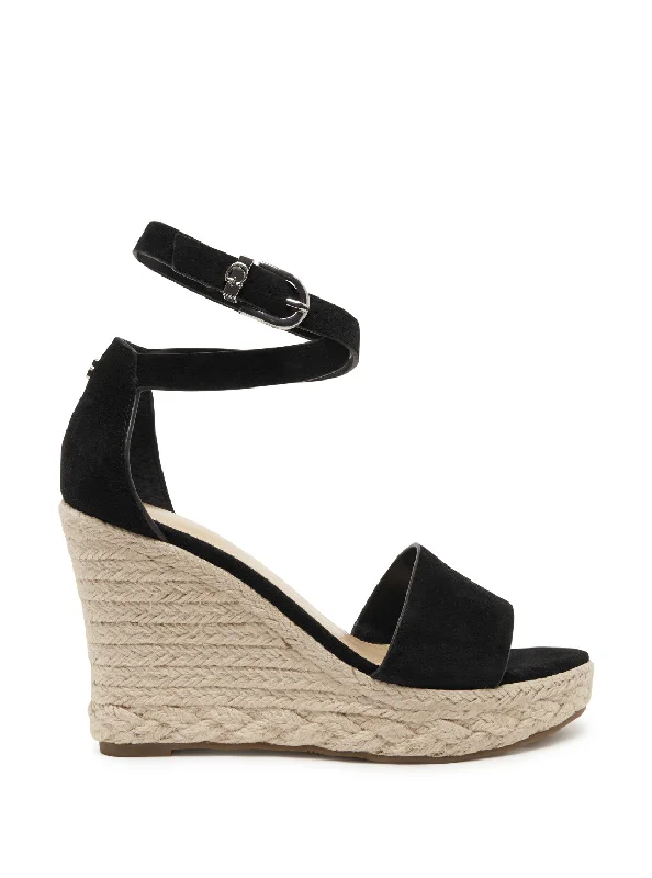 Affordable Suede Ankle Pumps for All-Day Wear--Black Hidy Suede Espadrille Wedges