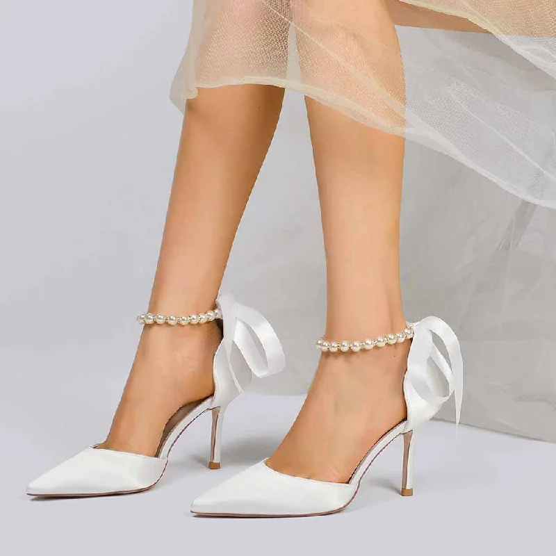 Stylish Ankle Strap Heels for Women--Bride Heels Satin Ankle Strap Pumps With Pearls Party Heel Shoes