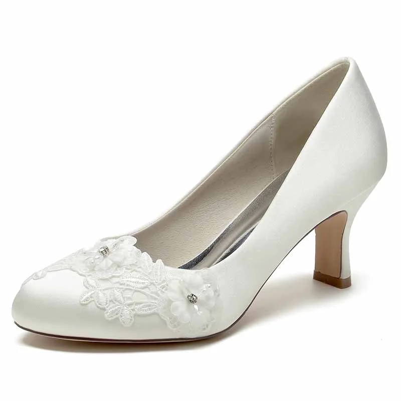 Bride Wedding Shoes Bridesmaid Closed Toe Round Toe White Ivory Satin PumpsAffordable Satin Heels with a Luxe Touch