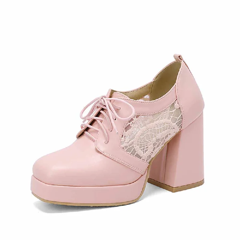 Classic Lace Up Platform Mid-Heel Square Toe Chunky Shoes---Durable Square Toe Block Heels for Everyday Use