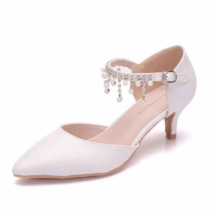 Comfortable wedding shoes for bride Mary Jane White Low Heels Shoes---Fashionable Kitten Heels for Date Night