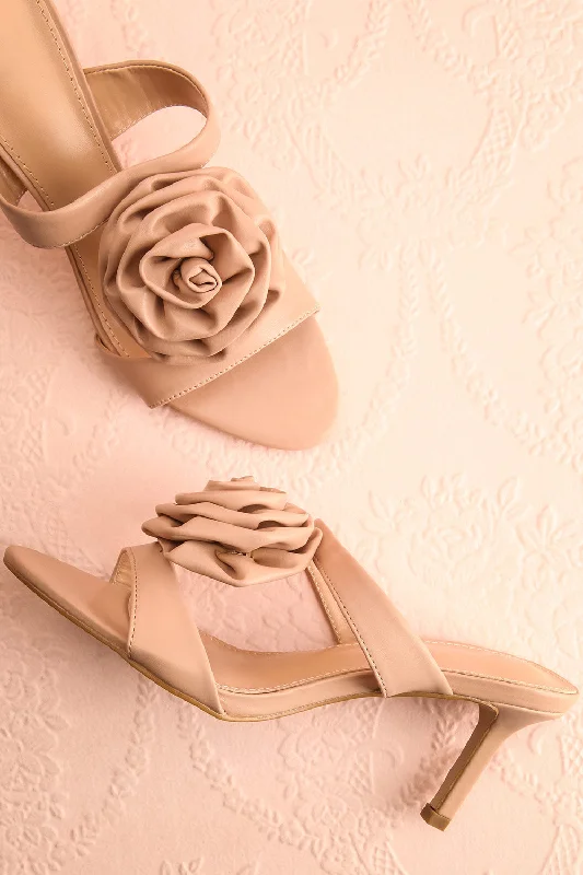 Cristine Beige | Faux-Leather Heels w/ Flower Detail---Comfortable Leather Pumps for Office and Everyday Wear