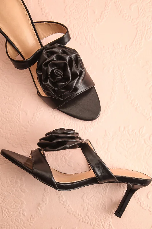 Cristine Black | Faux-Leather Heels w/ Flower Detail---Comfortable Leather Pumps for Office and Everyday Wear