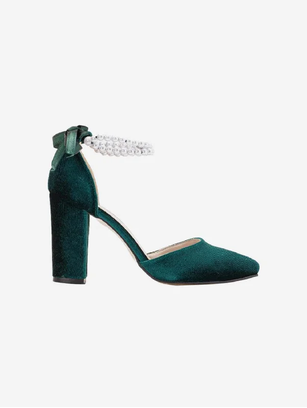 Affordable Suede Ankle Pumps for All-Day Wear--Denise Vegan Suede & Pearl Heels | Emerald Green