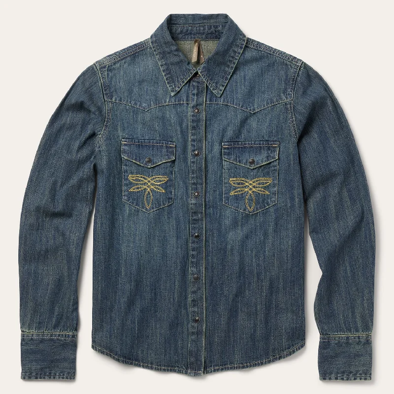 Denim tops for underwater exploration- -Women's oversized denim tops for a relaxed fit-Dirty Denim Boyfriend Fit Shirt
