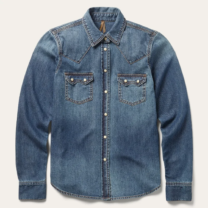 Denim tops for volcanic terrain heat-resistant- -Women's denim peplum tops for a stylish silhouette-Distressed Denim Shirt