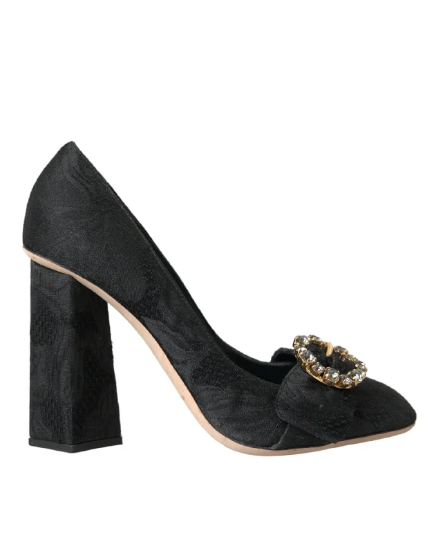 Affordable Rhinestone Pumps for a Dazzling Look---Dolce & Gabbana Black Brocade Crystals Heels Pumps Shoes