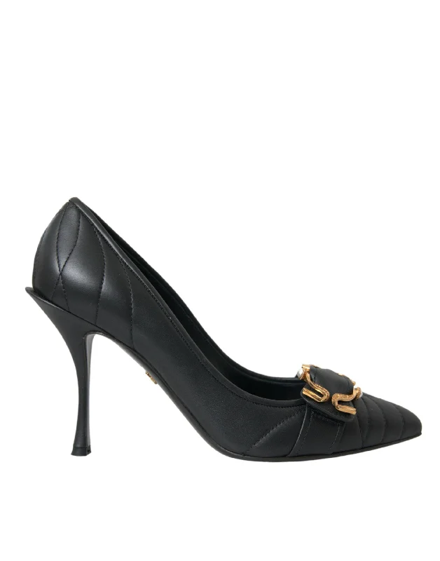 Dolce & Gabbana Black Devotion Leather Heels Pumps Shoes---Comfortable Leather Pumps for Office and Everyday Wear