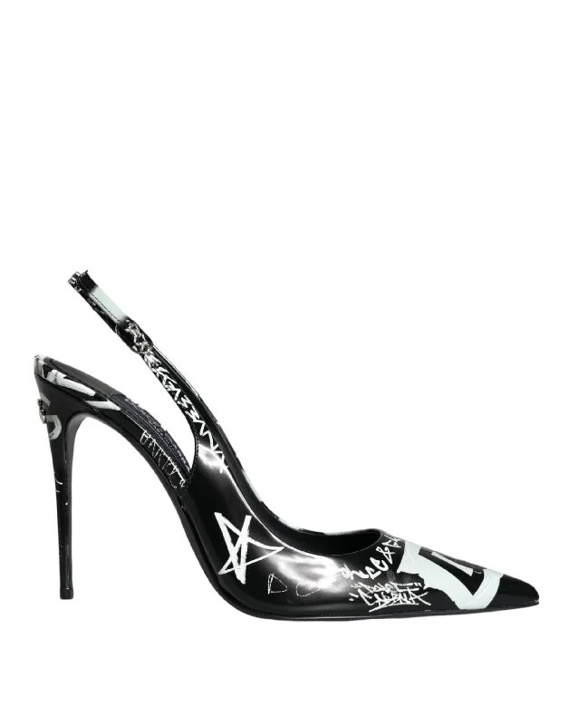 Fashionable Leather Slingback Pumps for Casual Wear--Dolce & Gabbana Black Graffiti Leather Slingback Heels Pumps Shoes