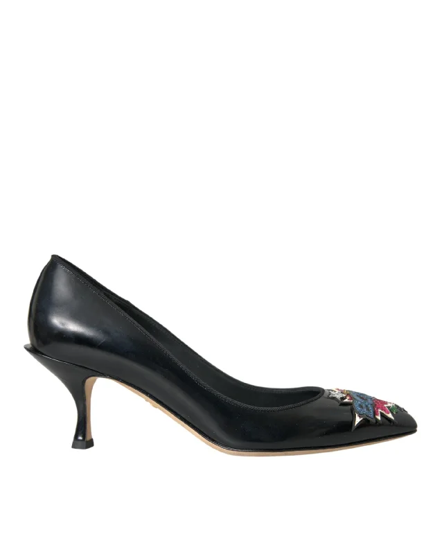 Dolce & Gabbana Black Leather BOOM Patch Heels Pumps Shoes---Comfortable Leather Pumps for Office and Everyday Wear