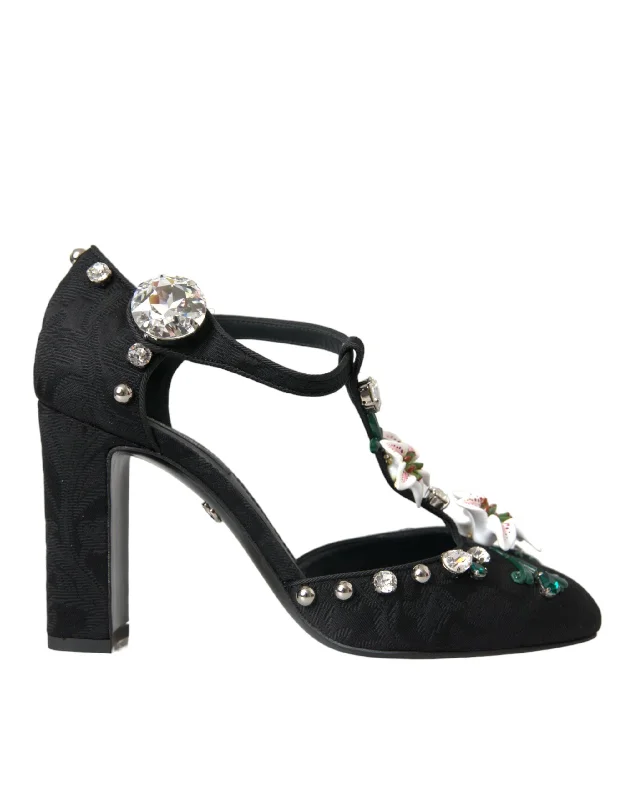 Affordable Rhinestone Pumps for a Dazzling Look---Dolce & Gabbana Black Lilies Crystal Heels Pumps Shoes