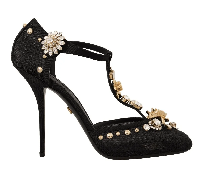 Affordable Rhinestone Pumps for a Dazzling Look---Dolce & Gabbana Black Mesh Crystals T-strap Heels Pumps Shoes