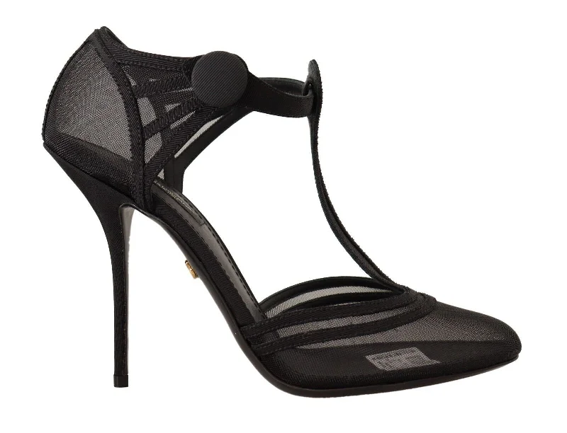 Stiletto Heel Pumps with Perfect Fit--Dolce & Gabbana Black Mesh T-strap Stiletto Heels Pumps Shoes-Fashionable & Classic