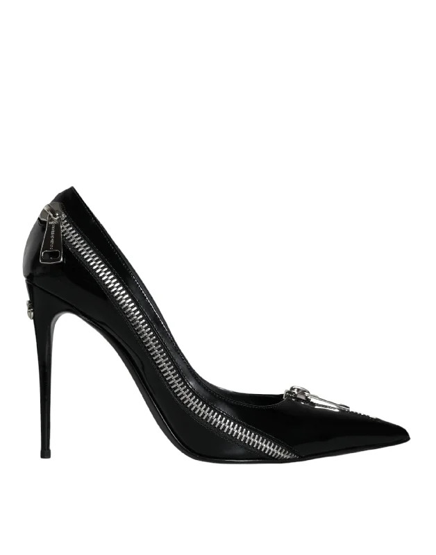 Sleek and Shiny Patent Pump Heels for a Polished Look--Dolce & Gabbana Black Patent Leather Zipper Heels Pumps Shoes