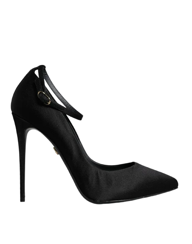 Stylish Ankle Strap Heels for Women--Dolce & Gabbana Black Satin Ankle Strap Heels Pumps Shoes