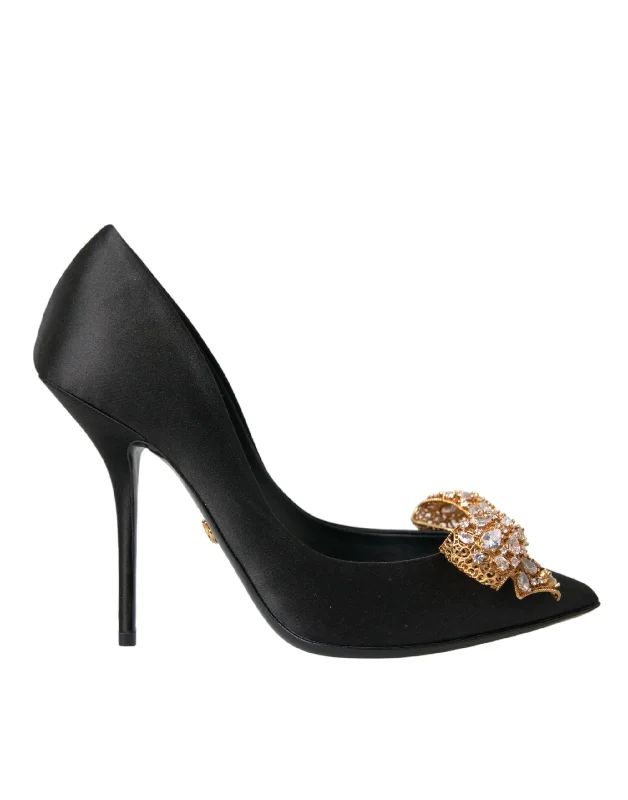 Dolce & Gabbana Black Satin Bow Crystal Heels Pumps ShoesAffordable Satin Heels with a Luxe Touch