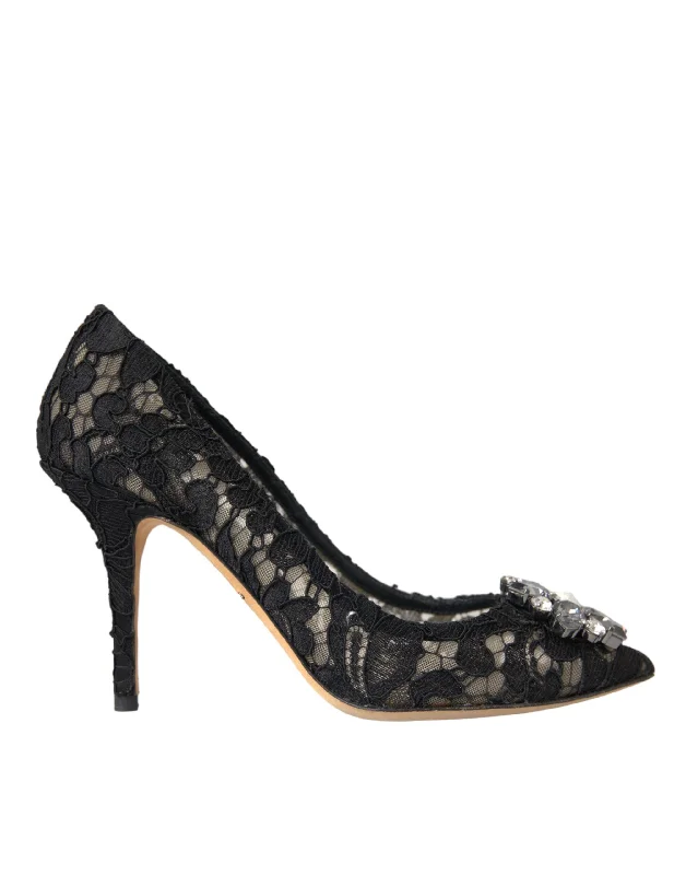 Affordable Rhinestone Pumps for a Dazzling Look---Dolce & Gabbana Black Taormina Lace Crystal Heel Pumps Shoes