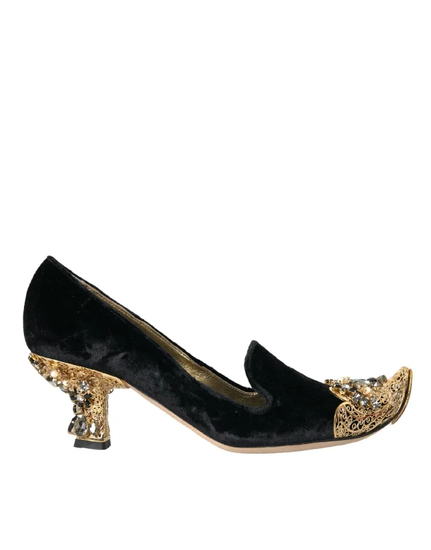 Dolce & Gabbana Black Velvet Embellished Heels Pumps Shoes---Chic Embellished Pumps for a Glamorous Look