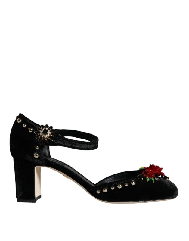 Stylish Ankle Strap Heels for Women--Dolce & Gabbana Black Velvet Roses Ankle Strap Pumps Shoes