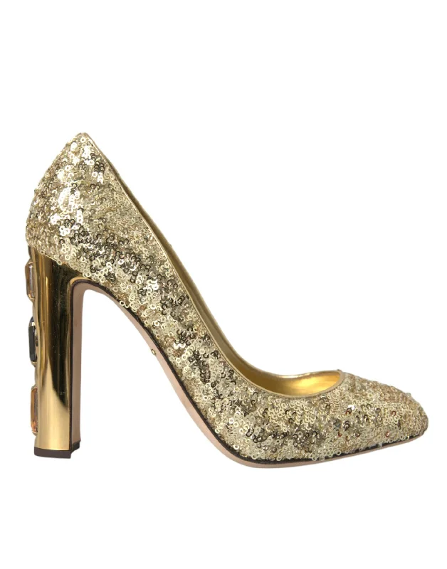 Affordable Rhinestone Pumps for a Dazzling Look---Dolce & Gabbana Gold Sequin Crystal Heels Pumps Shoes