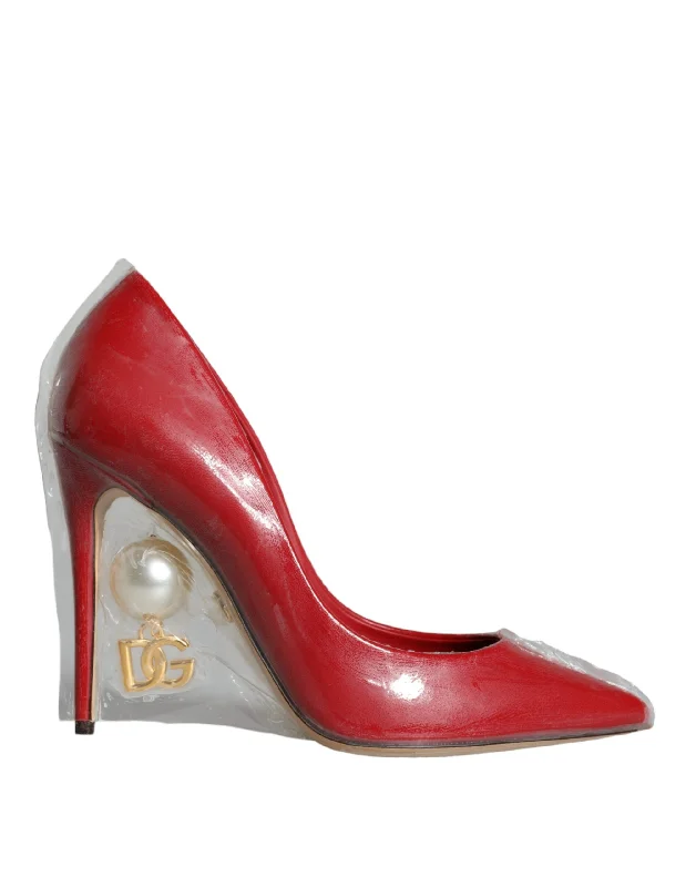 Sleek and Shiny Patent Pump Heels for a Polished Look--Dolce & Gabbana Red Patent Leather Faux Pearl Heels Pumps Shoes