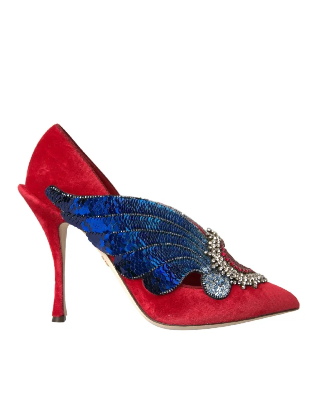 Affordable Rhinestone Pumps for a Dazzling Look---Dolce & Gabbana Red Velvet Sequin Crystal Heels Pumps Shoes