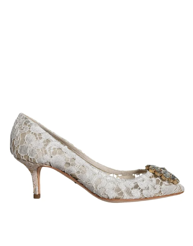 Affordable Rhinestone Pumps for a Dazzling Look---Dolce & Gabbana White Taormina Lace Crystal Heel Pumps Shoes