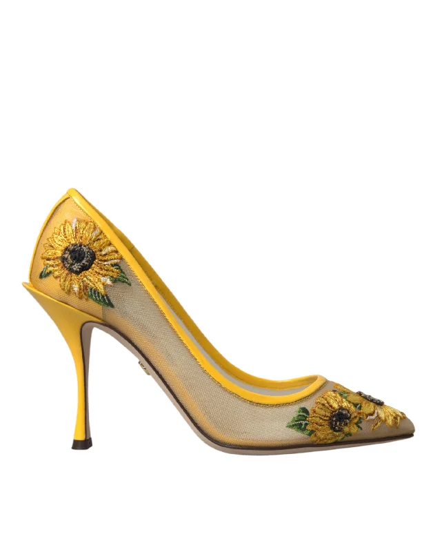 Versatile Dress Heels for Formal and Casual Wear---Dolce & Gabbana Yellow Sunflower Mesh Heels Pumps Shoes