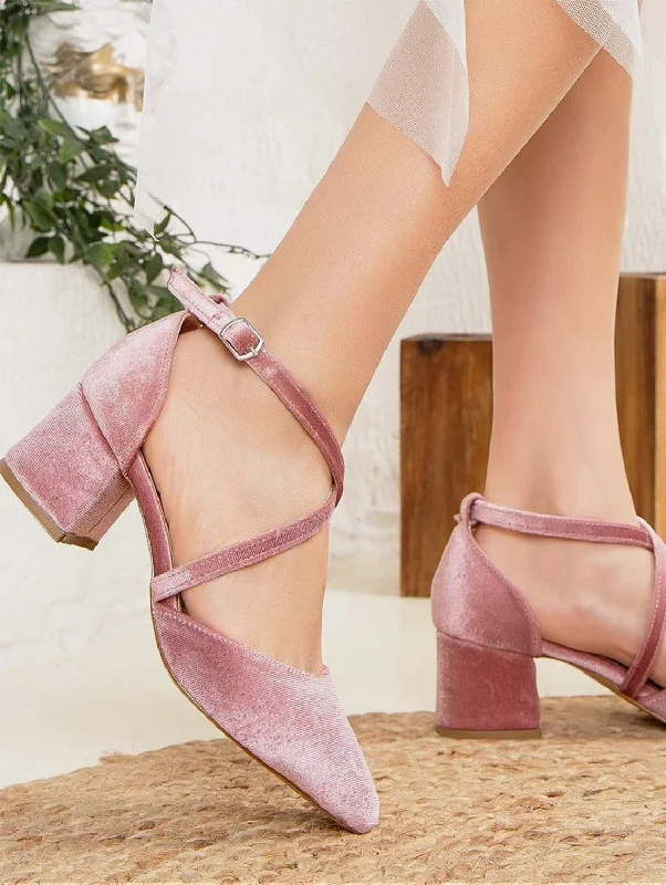 Trendy Chunky Heel Pumps for Casual Wear--Dolly Vegan Velvet Block Heels | Rose