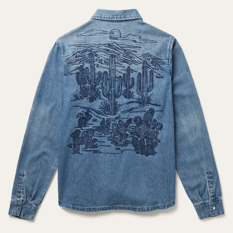 Denim tops featuring metamaterial camouflage- -How to layer women's denim tops in winter-Embroidered Boyfriend Fit Denim Shirt