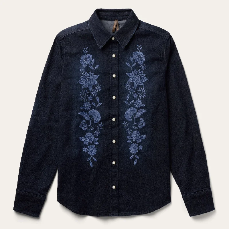 Denim tops featuring anti-5G shielding- -Women's fitted denim tops for a chic appearance-Embroidered Dark Denim Snap Front Shirt