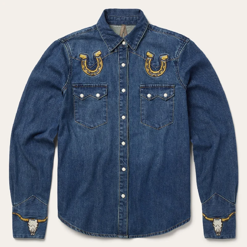 Denim tops with algae-powered LED lighting- -What to wear with women's denim tops in fall-Embroidered Dark Denim Western Shirt
