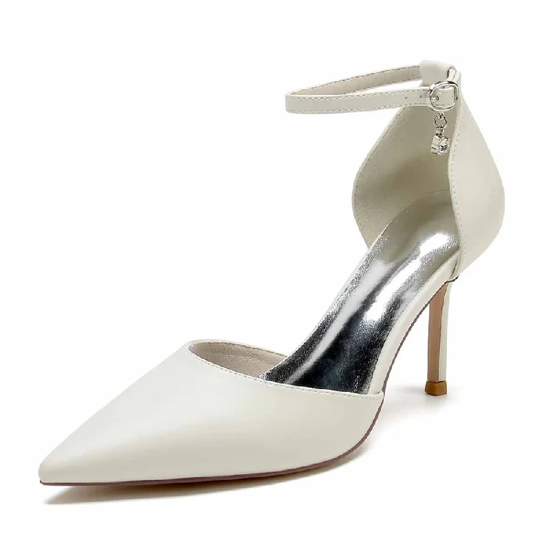 Stylish Ankle Strap Heels for Women--Faux Leather Ankle Strap Pumps White Party Heel Shoes