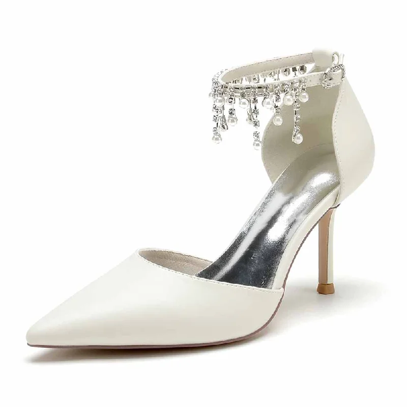 Stylish Ankle Strap Heels for Women--Faux Leather Pearl and Beaded Ankle Strap Pumps White Party Heel Shoes