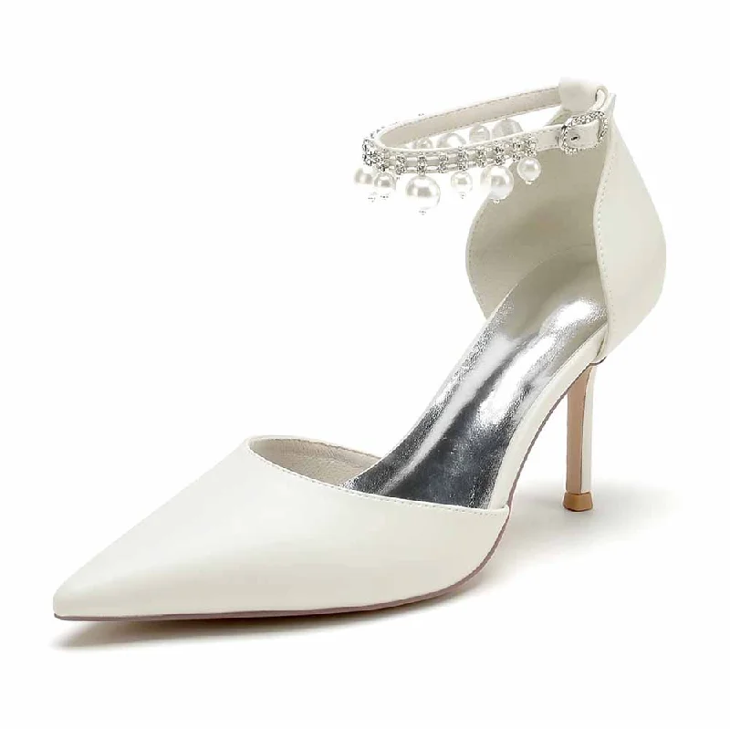 Stylish Ankle Strap Heels for Women--Faux Leather Pearl Ankle Strap Pumps White Party Heel Shoes