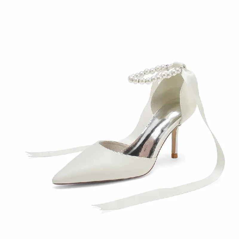 Stylish Ankle Strap Heels for Women--Faux Leather Pearl Lace-up Ankle Strap Pumps White Party Heel Shoes