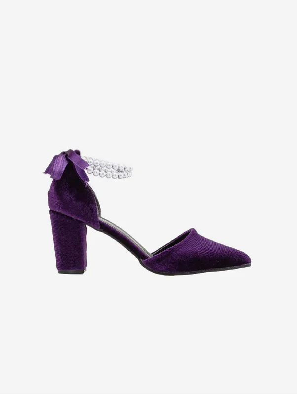 Luxurious Velvet Women's Pumps with Soft Finish---Hazel Vegan Velvet & Pearl Heels | Purple