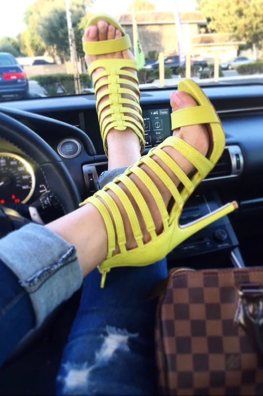 Glee, Lemon Lime Strappy snake PU heels---Affordable Strappy Platform Heels with Premium Quality