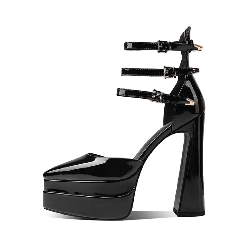 Stylish Ankle Strap Heels for Women--Glossy Pointed Toe Platform Block Heel Ankle Strap Pumps - Black