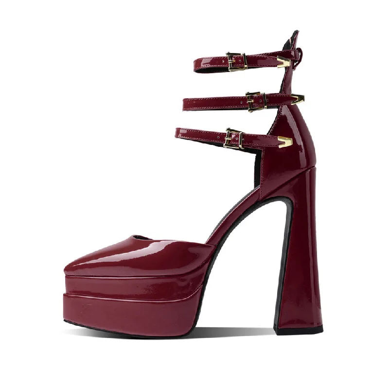 Stylish Ankle Strap Heels for Women--Glossy Pointed Toe Platform Block Heel Ankle Strap Pumps - Burgundy