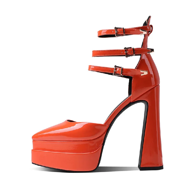 Stylish Ankle Strap Heels for Women--Glossy Pointed Toe Platform Block Heel Ankle Strap Pumps - Orange