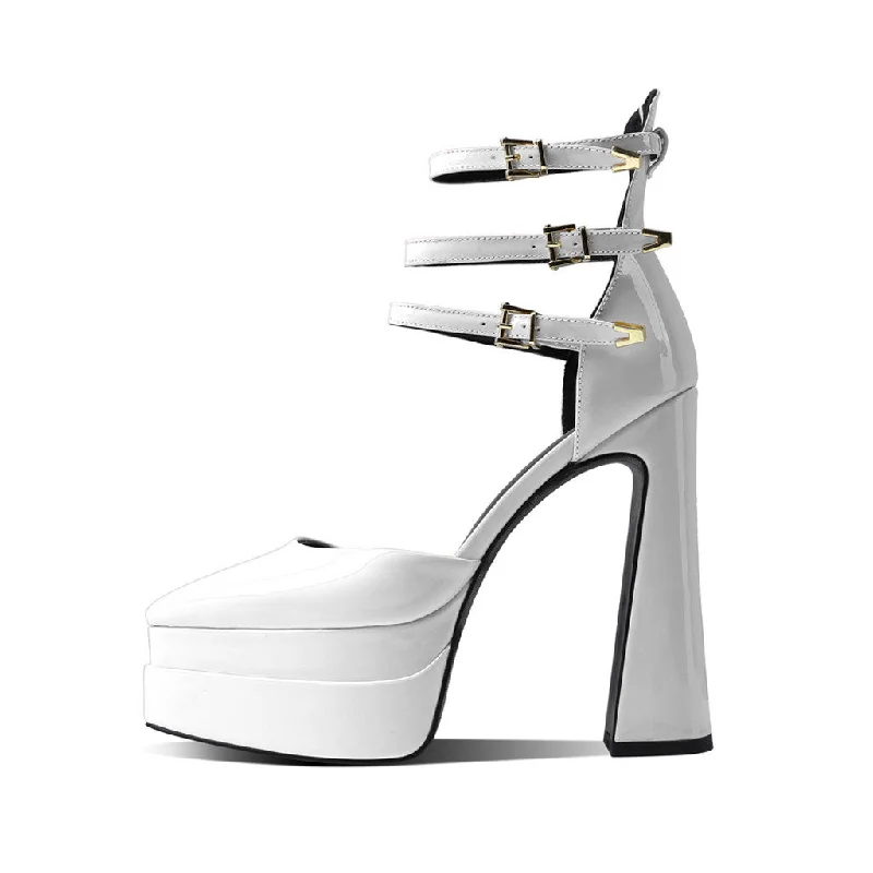 Stylish Ankle Strap Heels for Women--Glossy Pointed Toe Platform Block Heel Ankle Strap Pumps - White