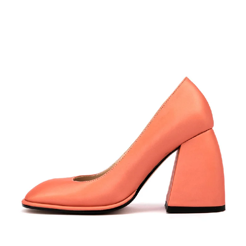 Glossy Satin Square Toe Geometric Heeled Pumps - Coral---Durable Square Toe Block Heels for Everyday Use